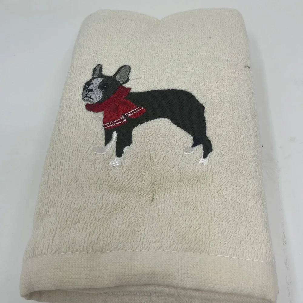 Christmas Hand Towels Boston Terrier French Bulldog Dog Embroidered 2 Piece Set
